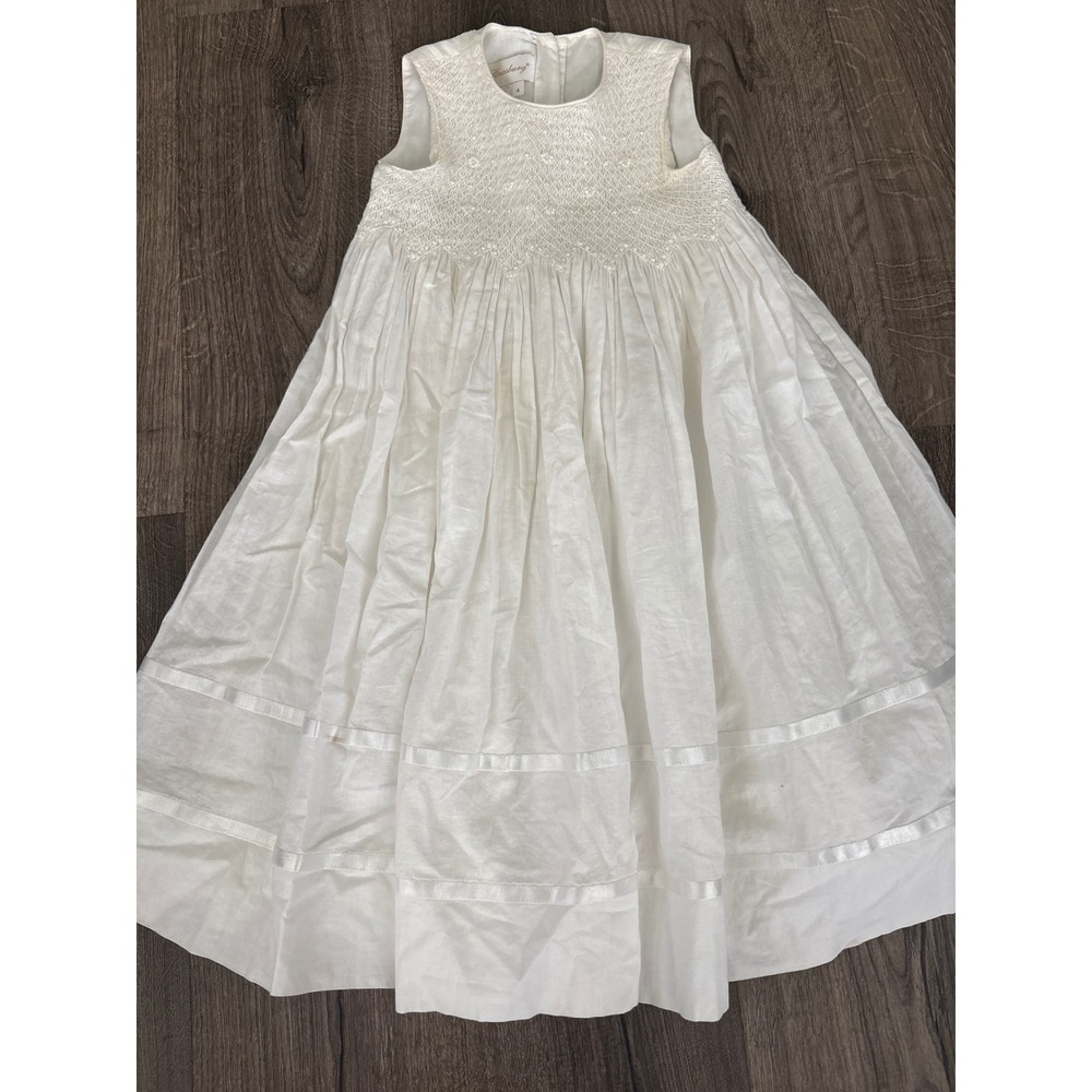 Strasburg Children White Smocked Cotton Heirloom Dress Girls Size 4 Flower Girl